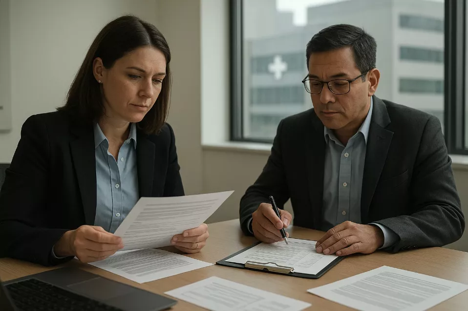 Healthcare procurement team reviewing a supplier checklist and documents