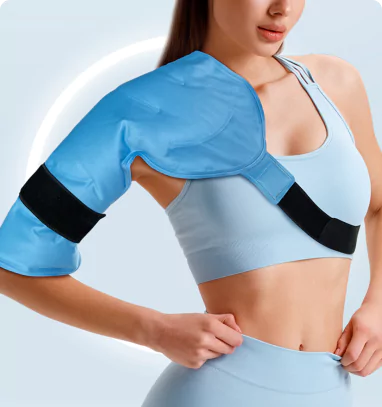 User Wearing Reusable Hot & Cold Gel Pack for Shoulder